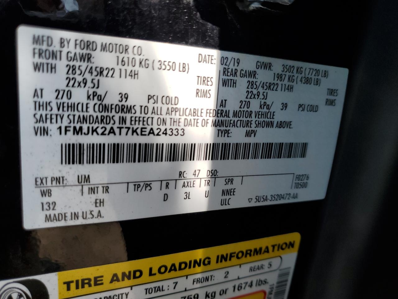 1FMJK2AT7KEA24333 2019 Ford Expedition Max Limited