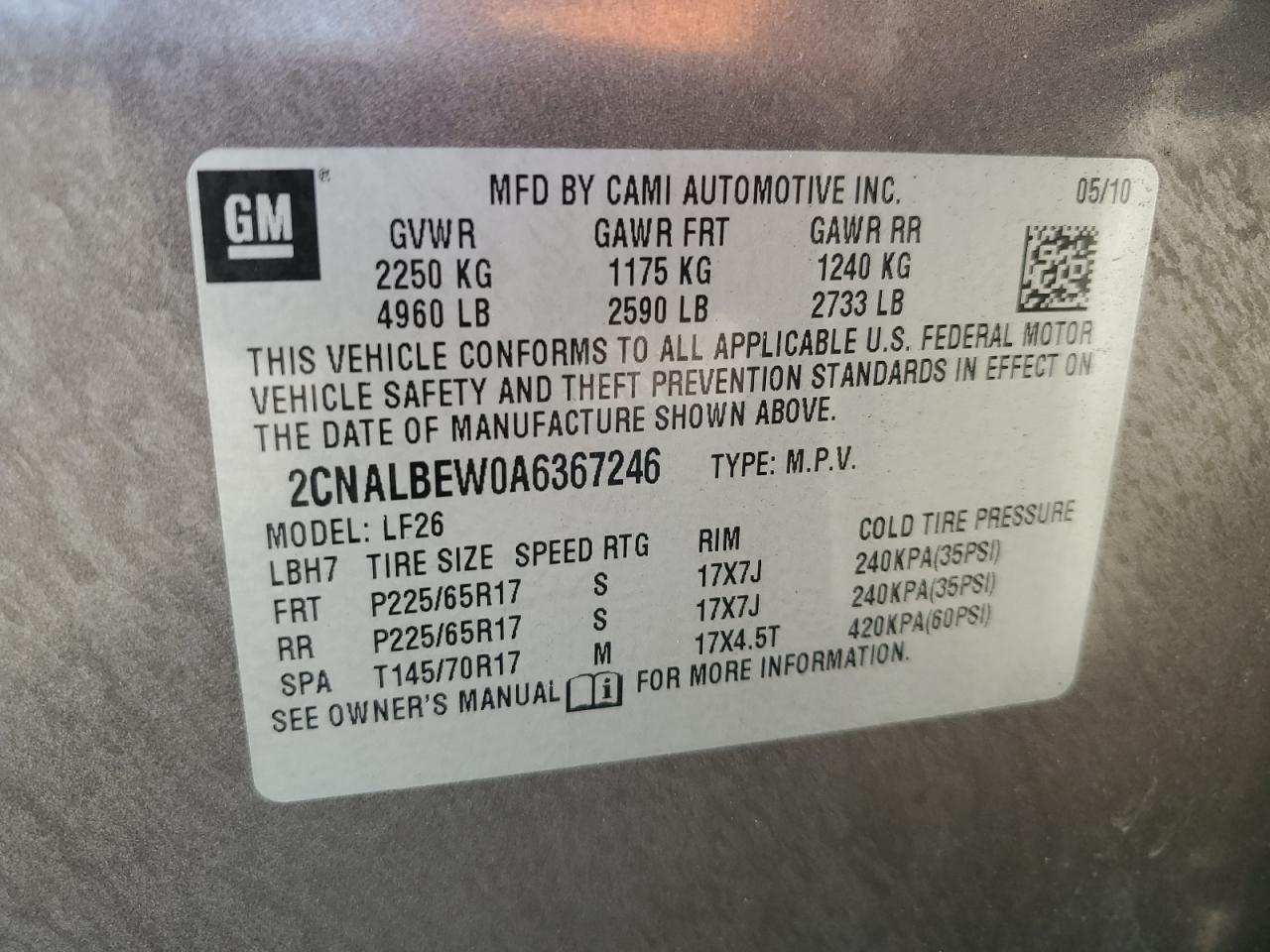2010 Chevrolet Equinox Ls VIN: 2CNALBEW0A6367246 Lot: 70248495