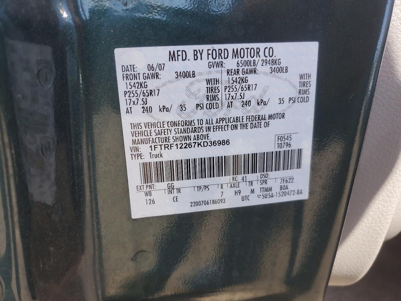 2007 Ford F150 VIN: 1FTRF12267KD36986 Lot: 66985475