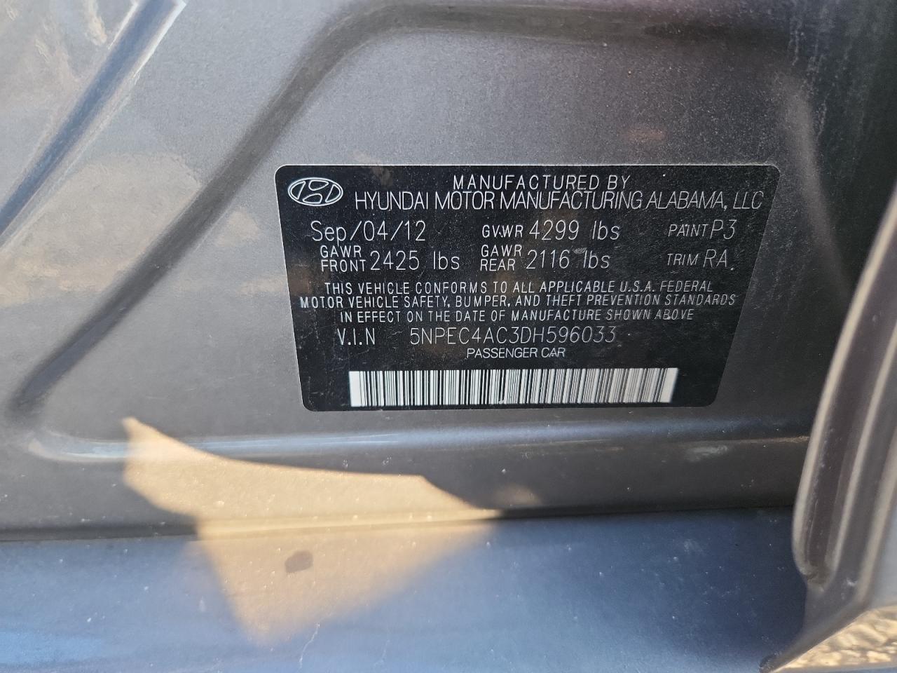 2013 Hyundai Sonata Se VIN: 5NPEC4AC3DH596033 Lot: 69078795