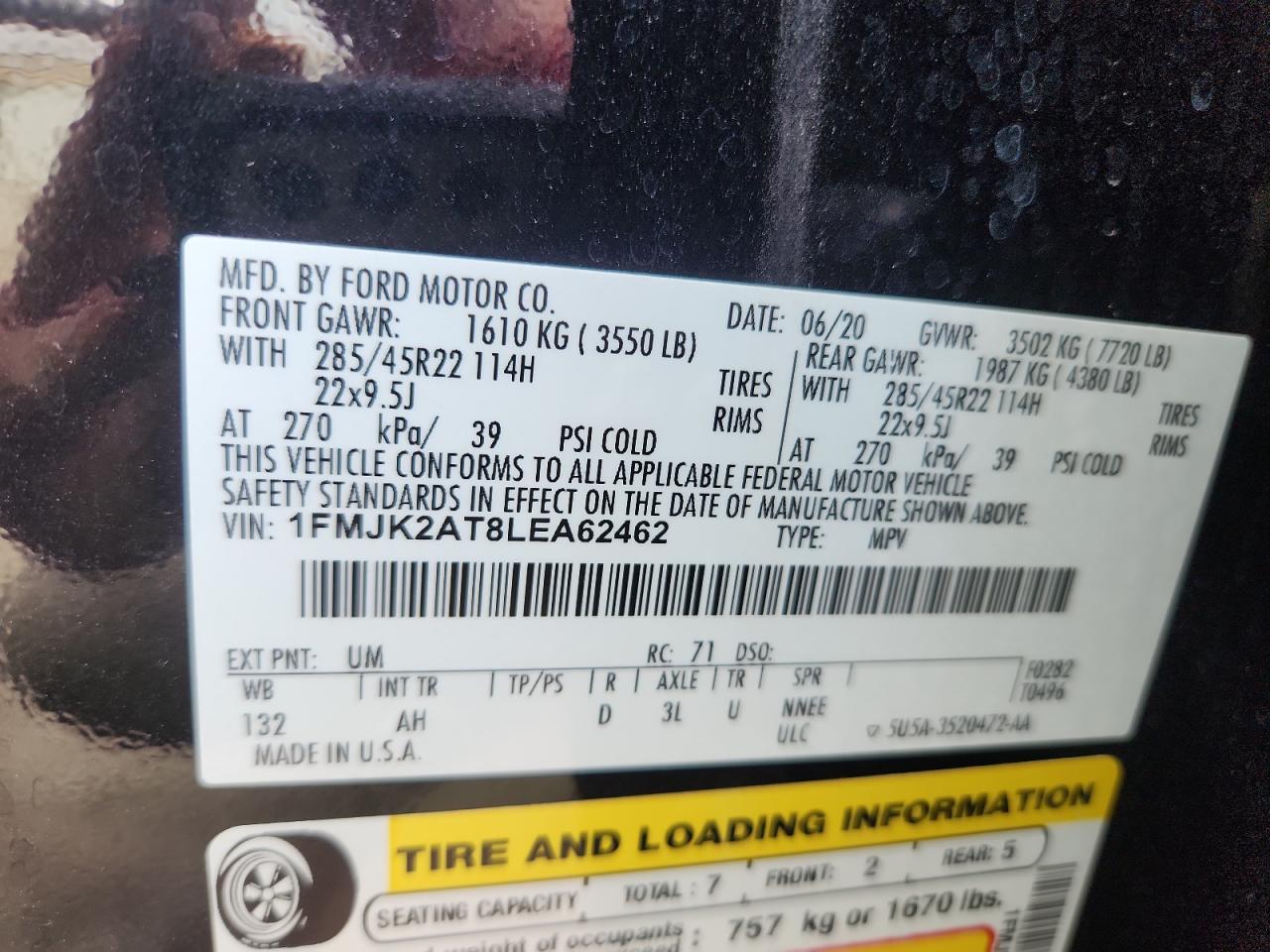 2020 Ford Expedition Max Limited VIN: 1FMJK2AT8LEA62462 Lot: 69990985