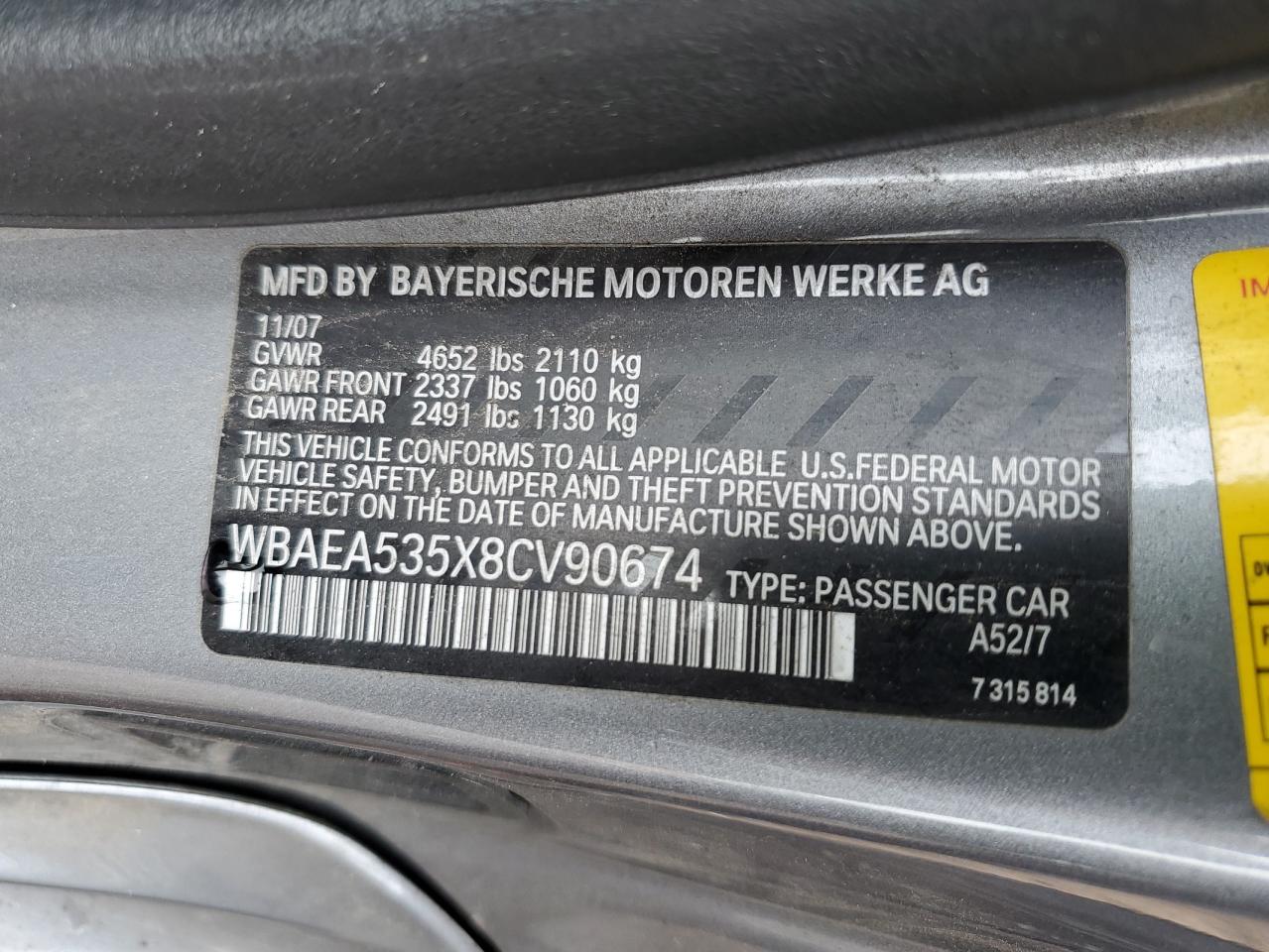 2008 BMW 650 I VIN: WBAEA535X8CV90674 Lot: 70600765
