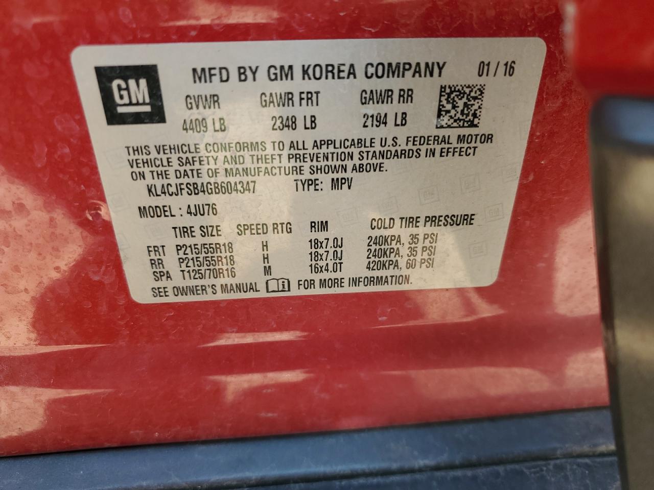 2016 Buick Encore Convenience VIN: KL4CJFSB4GB604347 Lot: 67566785