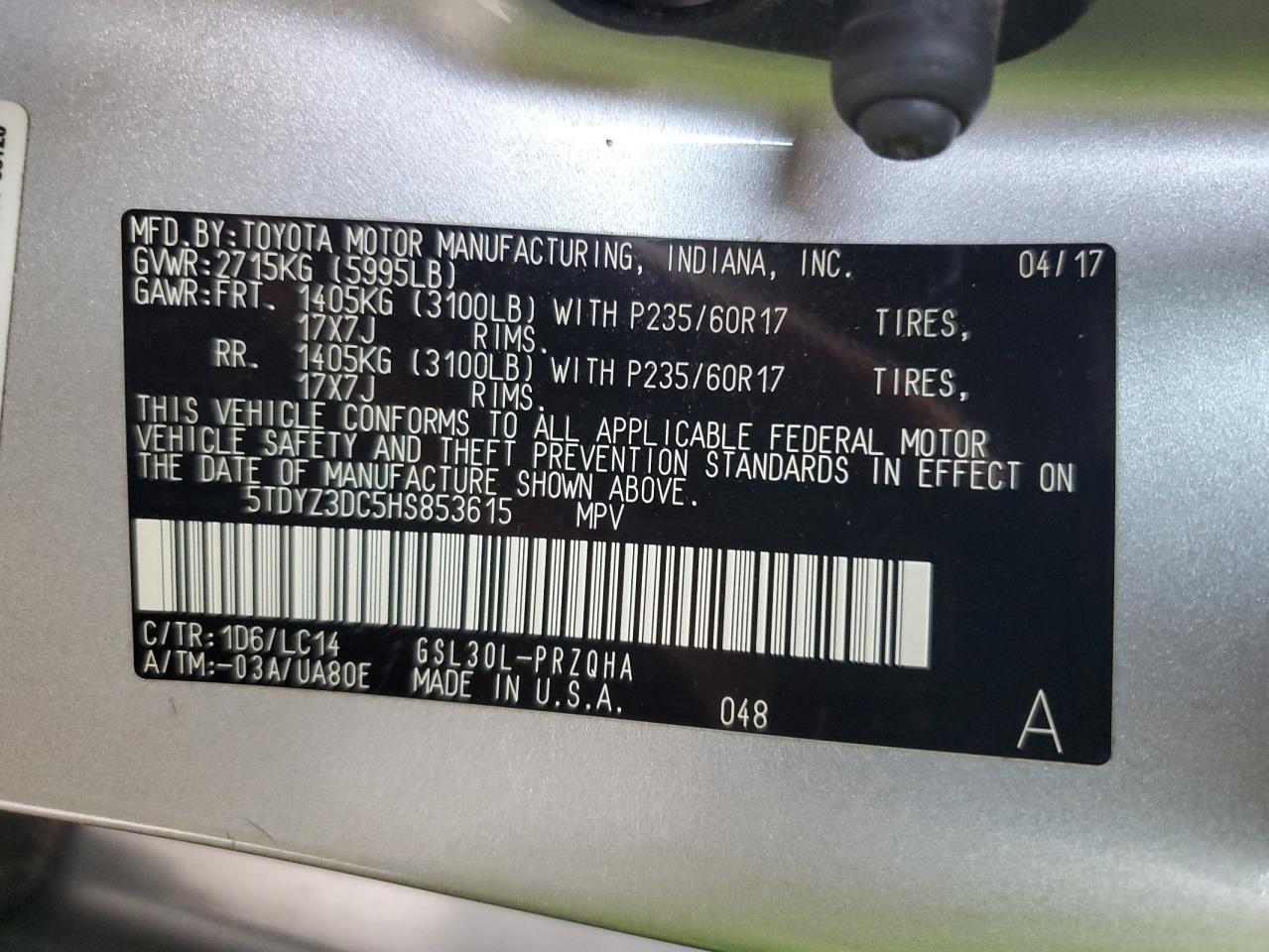 2017 Toyota Sienna Xle VIN: 5TDYZ3DC5HS853615 Lot: 68695805