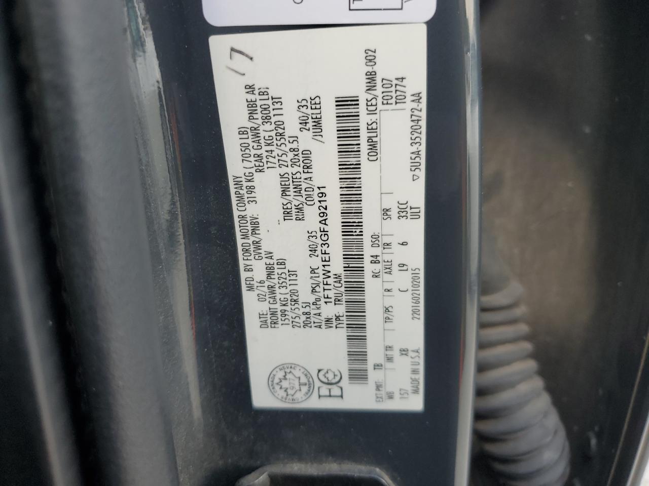 1FTFW1EF3GFA92191 2016 Ford F150 Supercrew