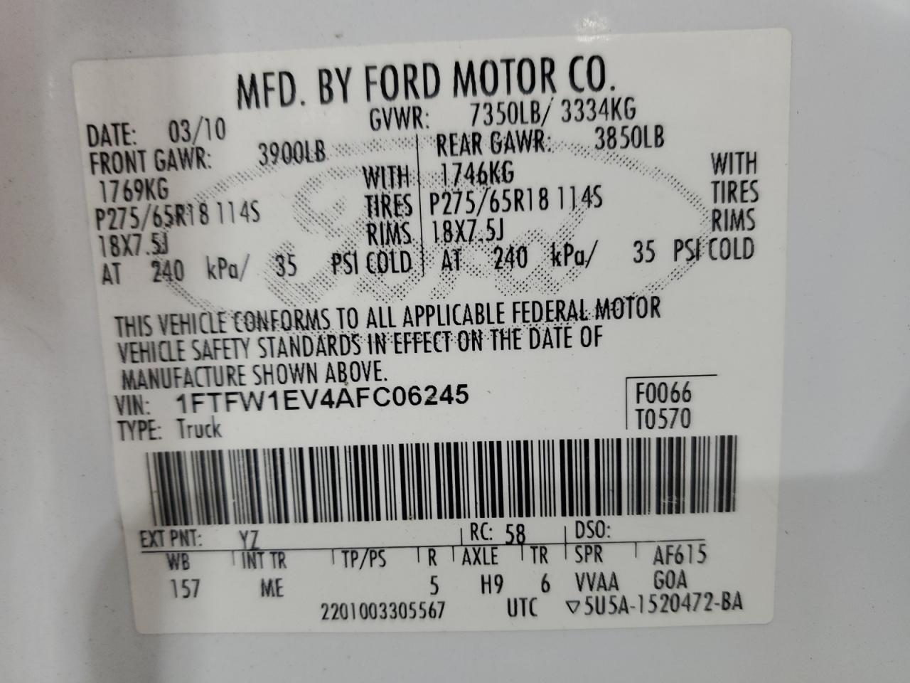 2010 Ford F150 Supercrew VIN: 1FTFW1EV4AFC06245 Lot: 70591025