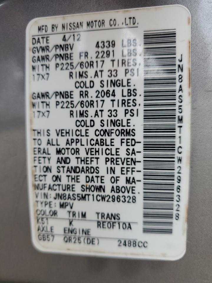 2012 Nissan Rogue S VIN: JN8AS5MT1CW296328 Lot: 67385975