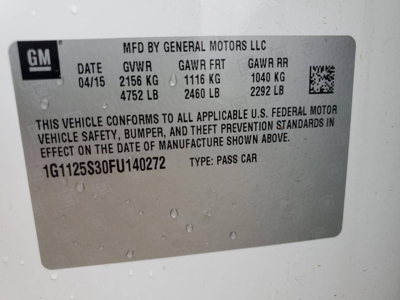 2015 Chevrolet Impala Lt VIN: 1G1125S30FU140272 Lot: 69406205