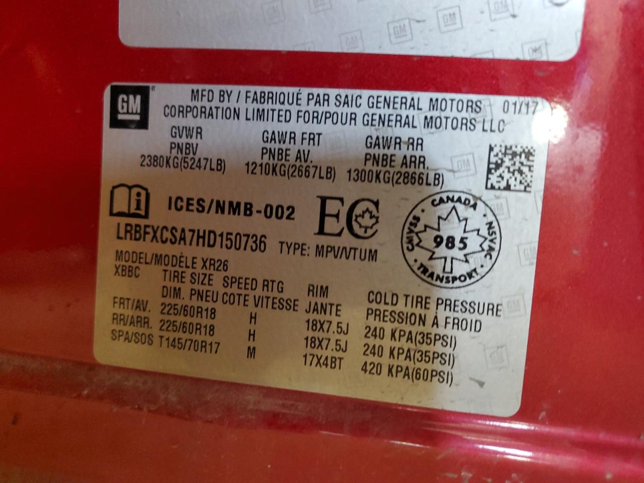 2017 Buick Envision Preferred VIN: LRBFXCSA7HD150736 Lot: 67084035