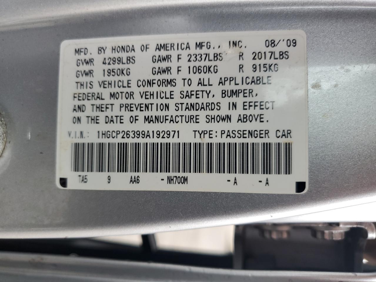 2009 Honda Accord Lx VIN: 1HGCP26399A192971 Lot: 68865645