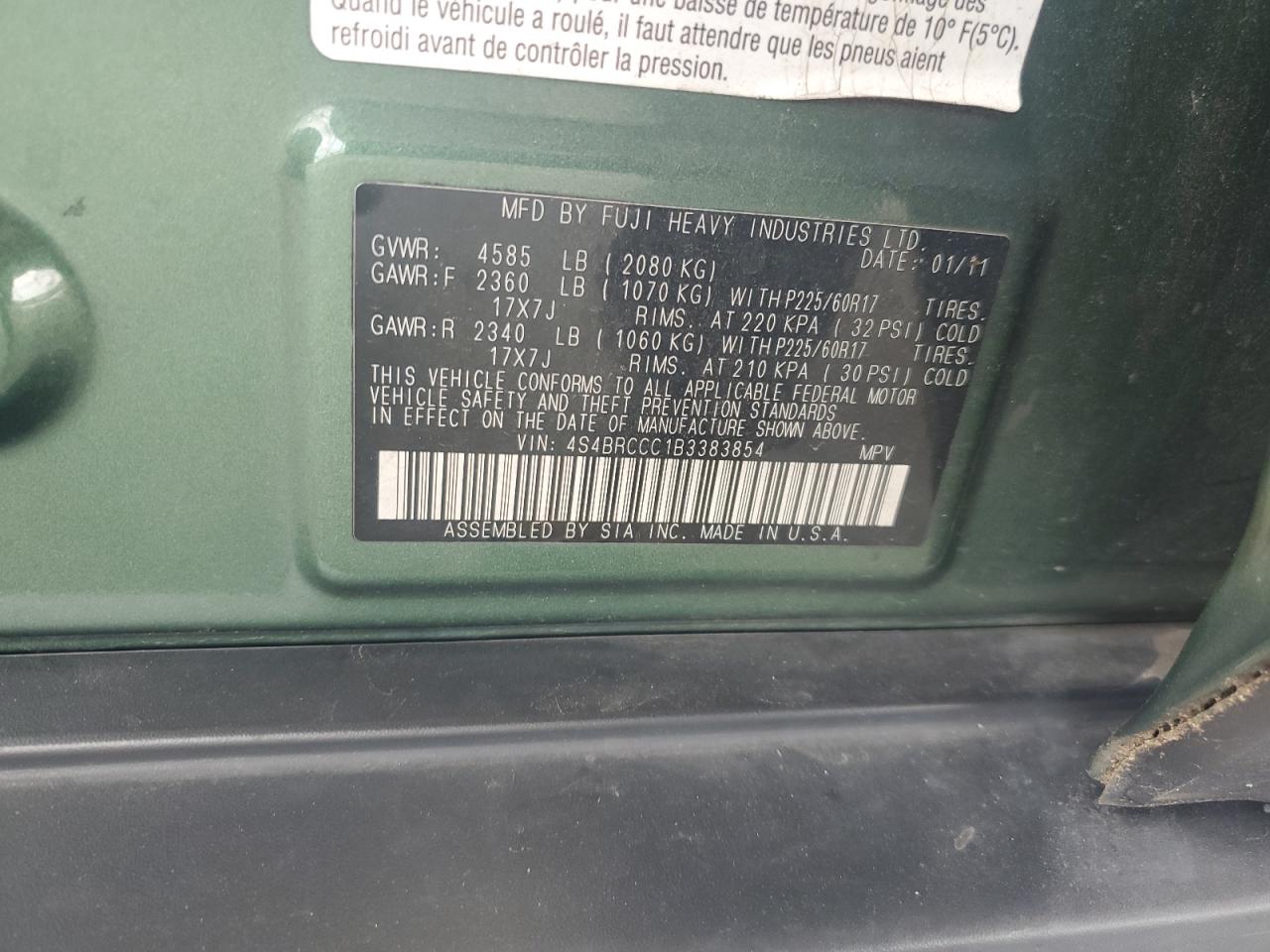 4S4BRCCC1B3383854 2011 Subaru Outback 2.5I Premium