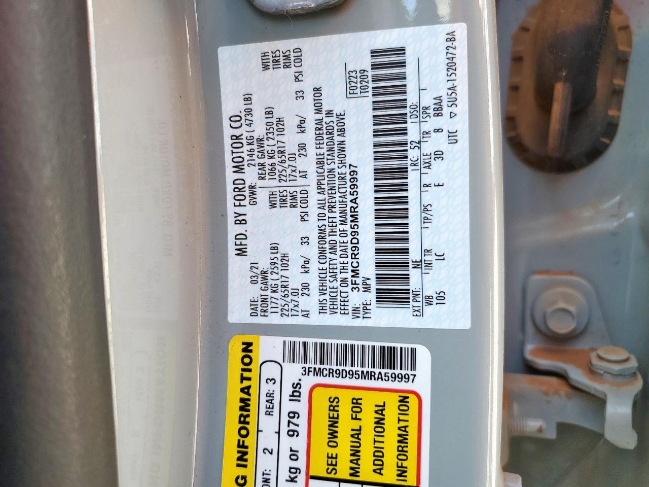 2021 Ford Bronco Sport Badlands VIN: 3FMCR9D95MRA59997 Lot: 69474235