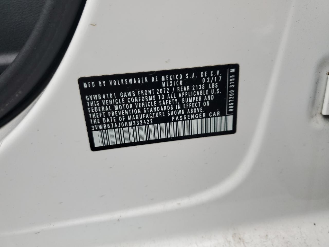 2017 Volkswagen Jetta Se VIN: 3VWB67AJ0HM332422 Lot: 69854245