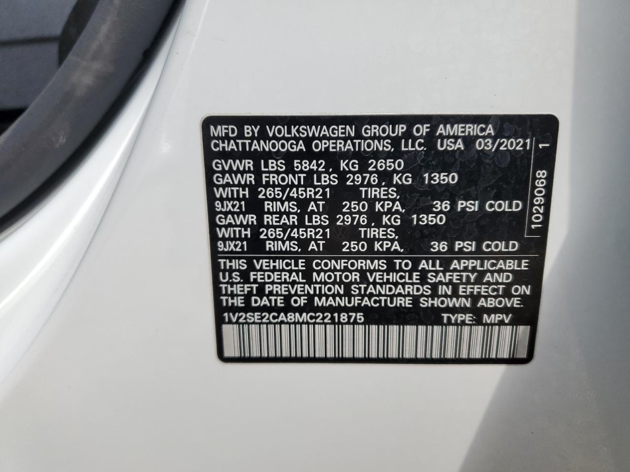 2021 Volkswagen Atlas Cross Sport Sel R-Line VIN: 1V2SE2CA8MC221875 Lot: 70343995