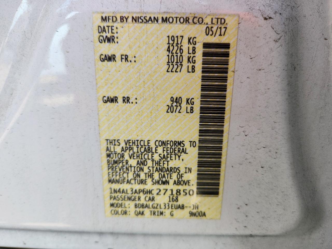 2017 Nissan Altima 2.5 VIN: 1N4AL3AP6HC271850 Lot: 69260205