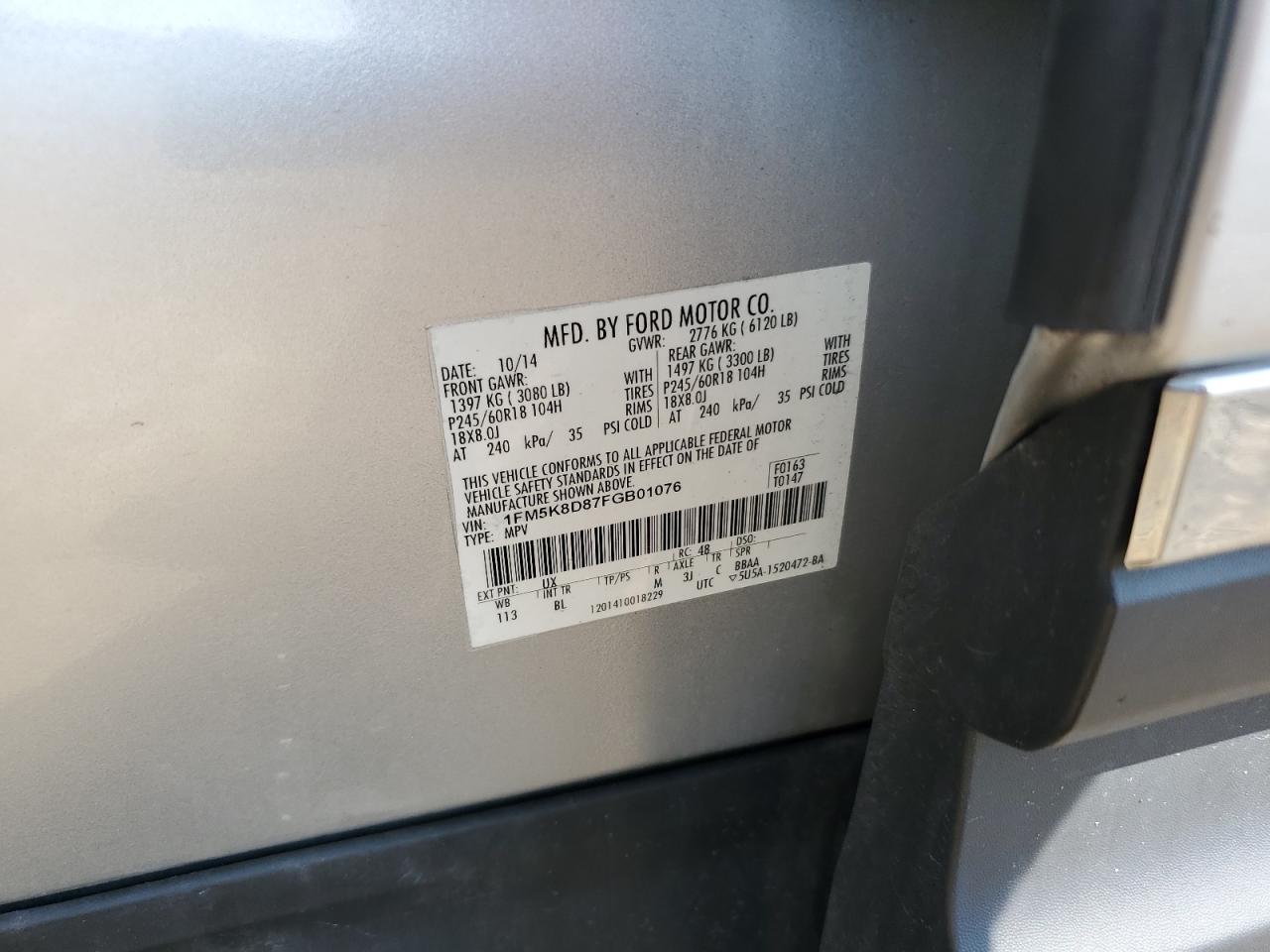 2015 Ford Explorer Xlt VIN: 1FM5K8D87FGB01076 Lot: 68544735