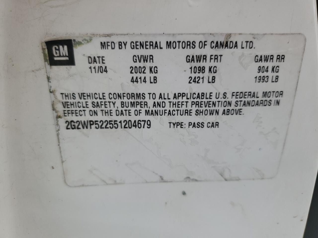 2005 Pontiac Grand Prix VIN: 2G2WP522551204679 Lot: 67996065