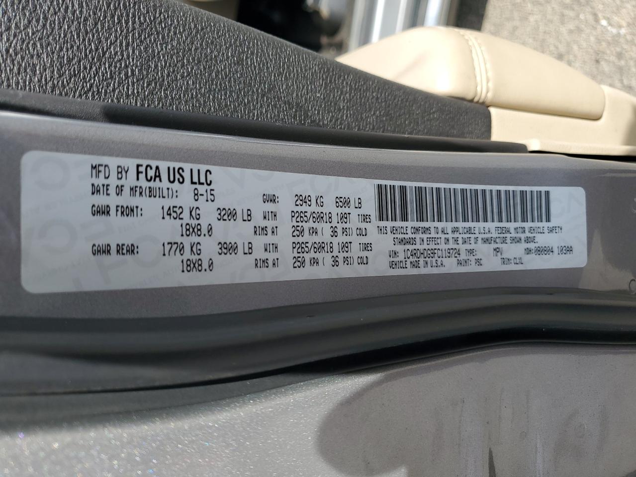 2015 Dodge Durango Limited VIN: 1C4RDHDG9FC119724 Lot: 70684845