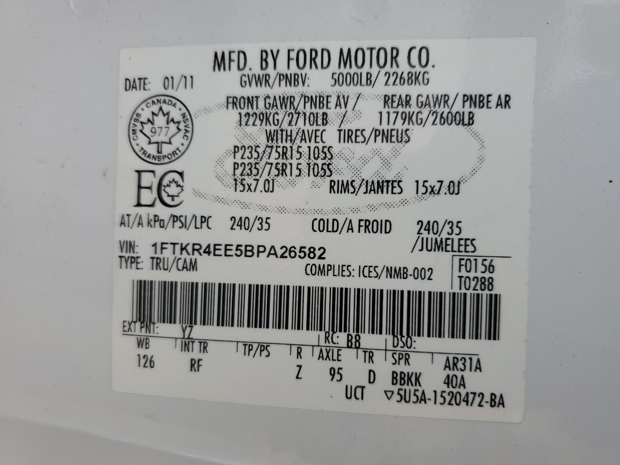 2011 Ford Ranger Super Cab VIN: 1FTKR4EE5BPA26582 Lot: 70332785