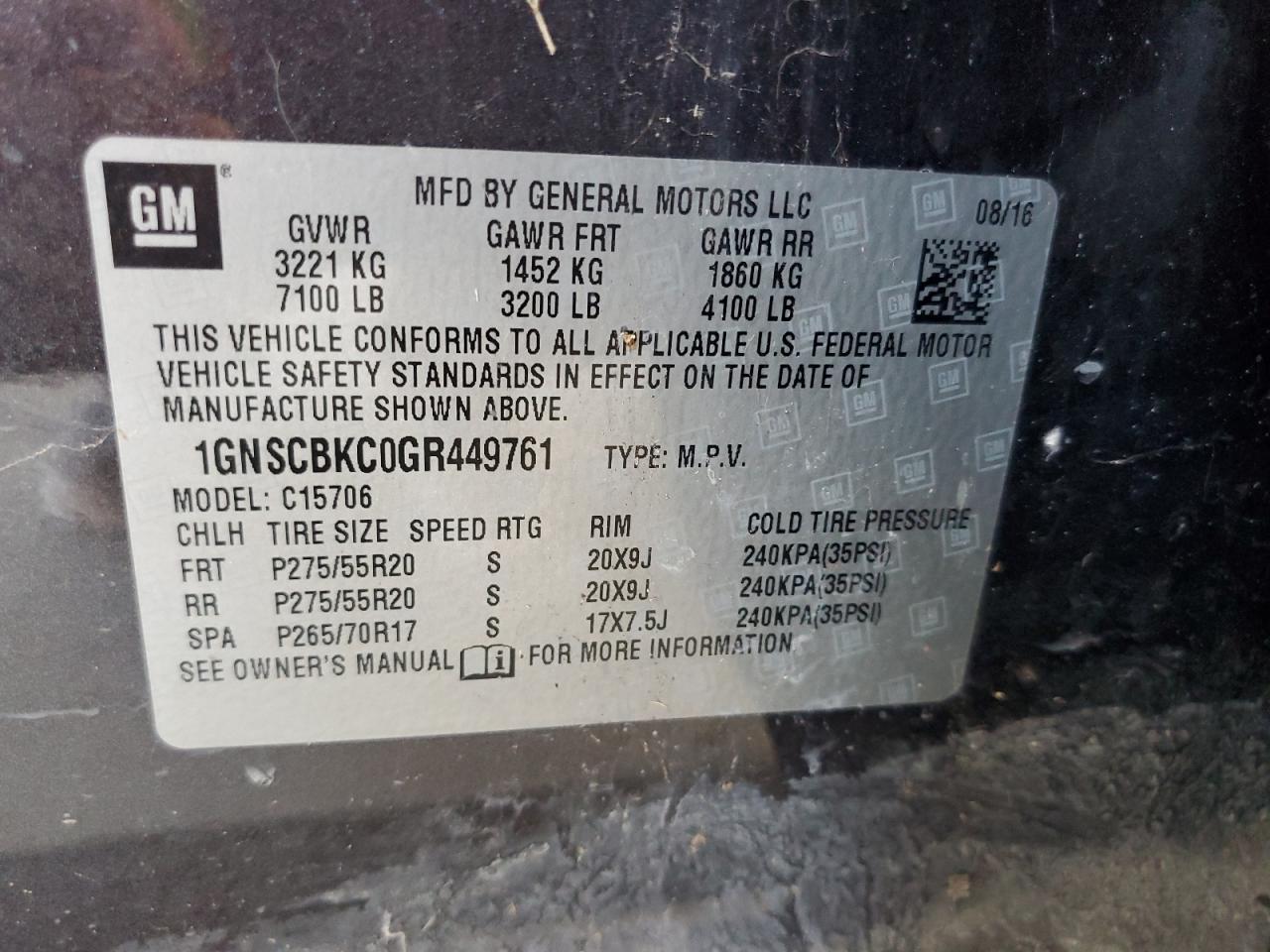 2016 Chevrolet Tahoe C1500 Lt VIN: 1GNSCBKC0GR449761 Lot: 69648905