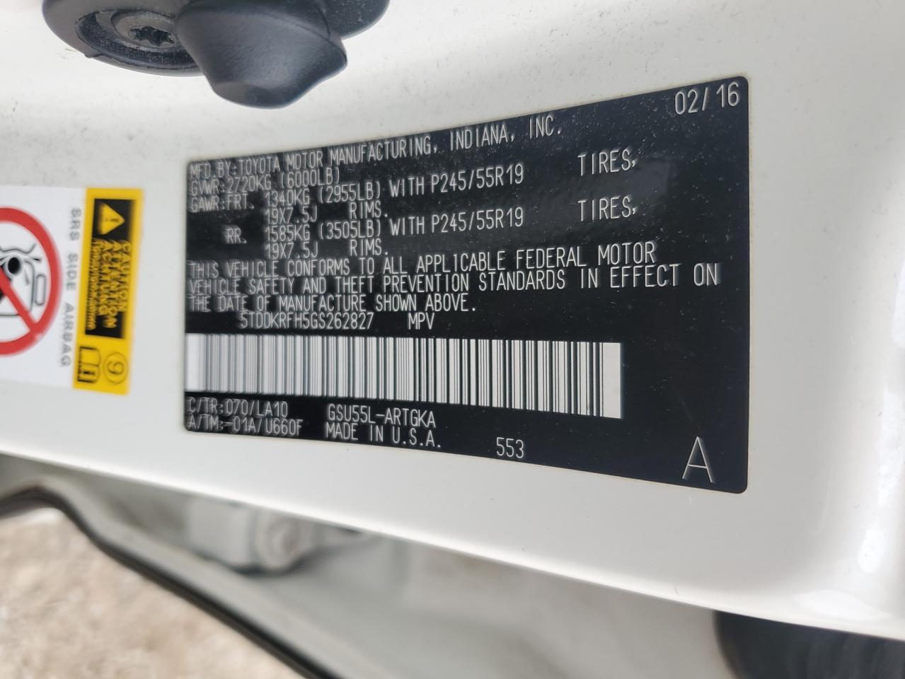 2016 Toyota Highlander Limited VIN: 5TDDKRFH5GS262827 Lot: 68094085