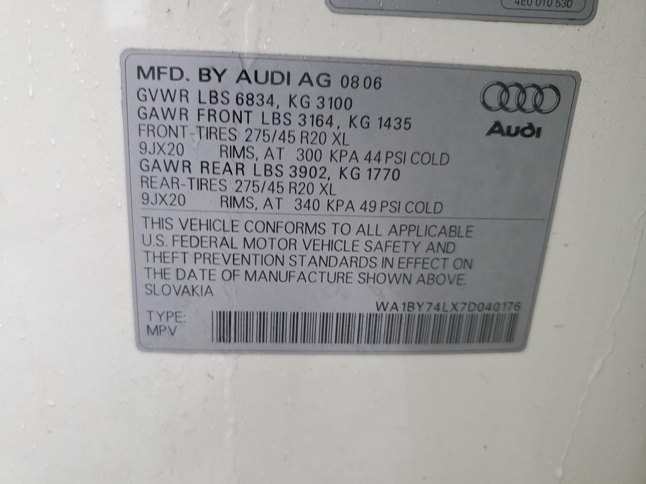 2007 Audi Q7 3.6 Quattro Premium VIN: WA1BY74LX7D040176 Lot: 68776265
