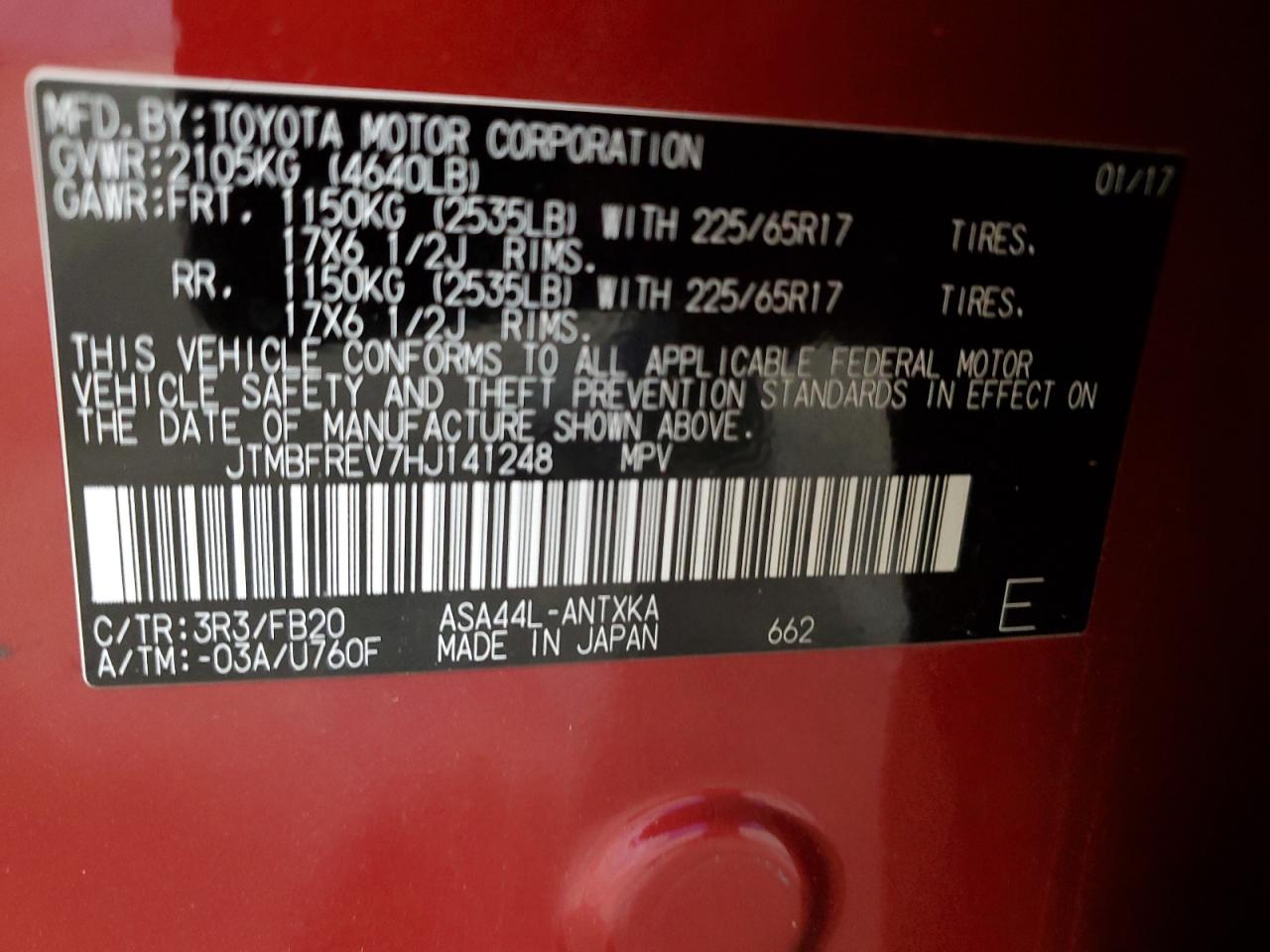 2017 Toyota Rav4 Le VIN: JTMBFREV7HJ141248 Lot: 68244435