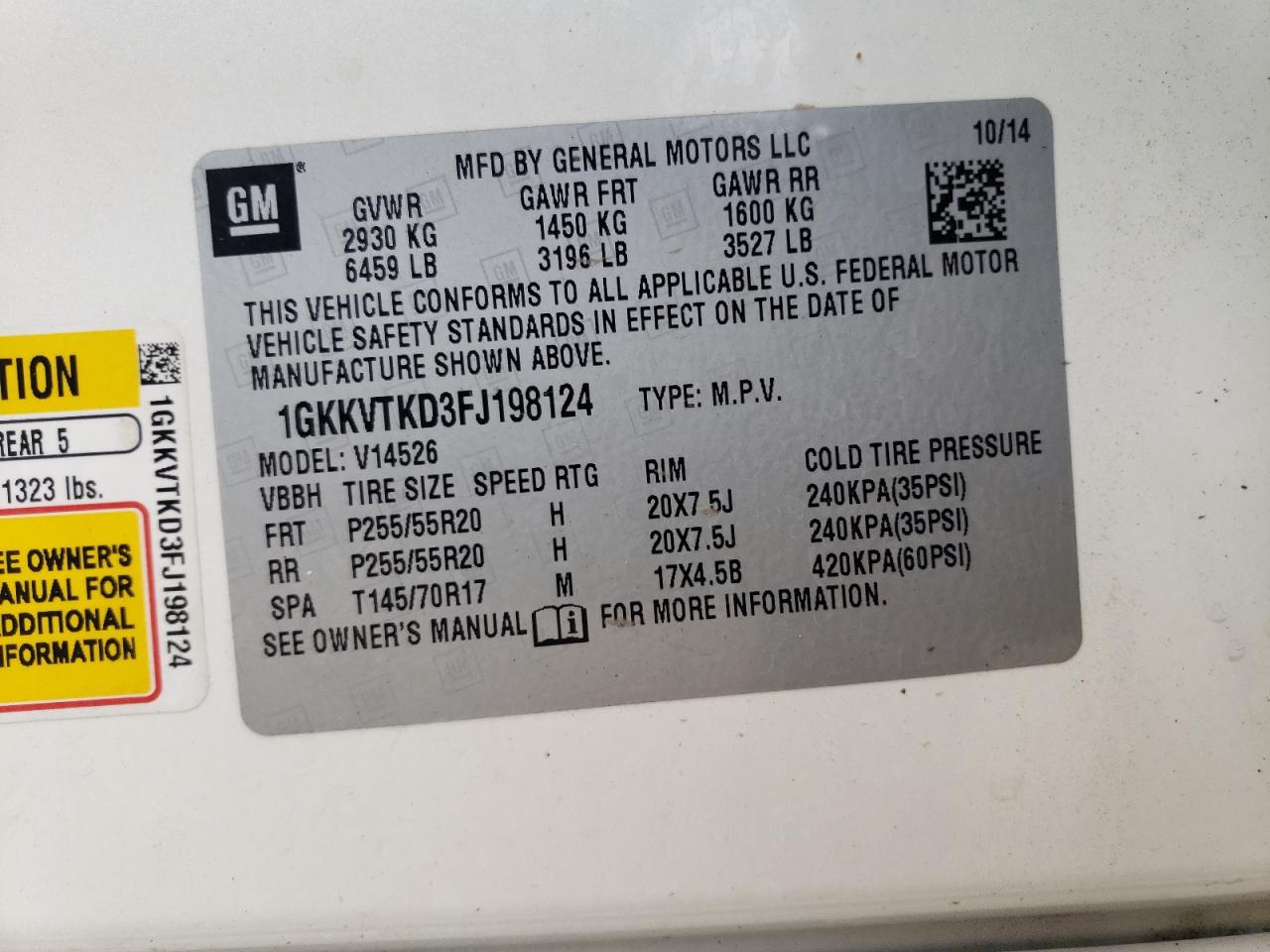 2015 GMC Acadia Denali VIN: 1GKKVTKD3FJ198124 Lot: 69706485