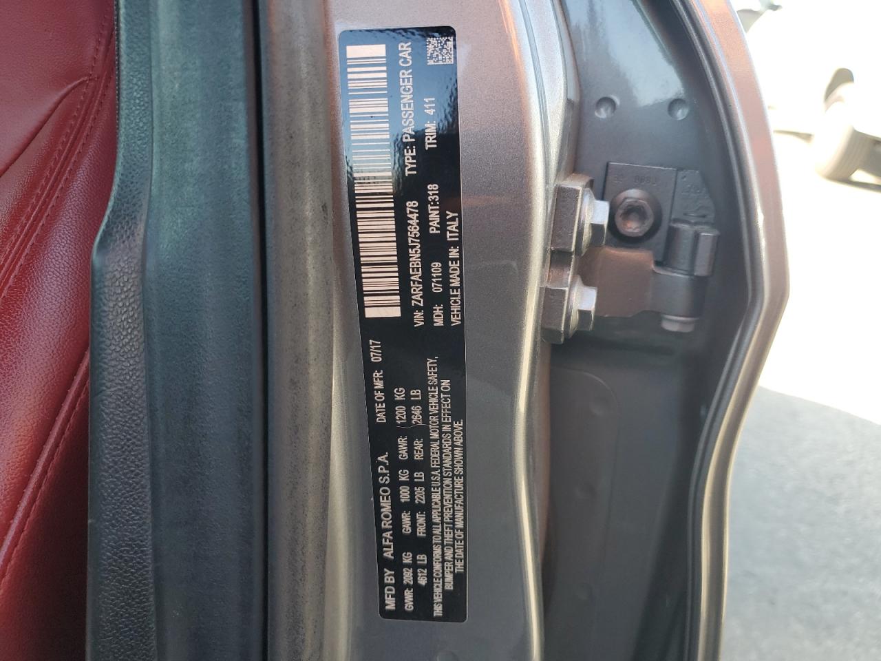 2018 Alfa Romeo Giulia VIN: ZARFAEBN5J7564478 Lot: 70022575