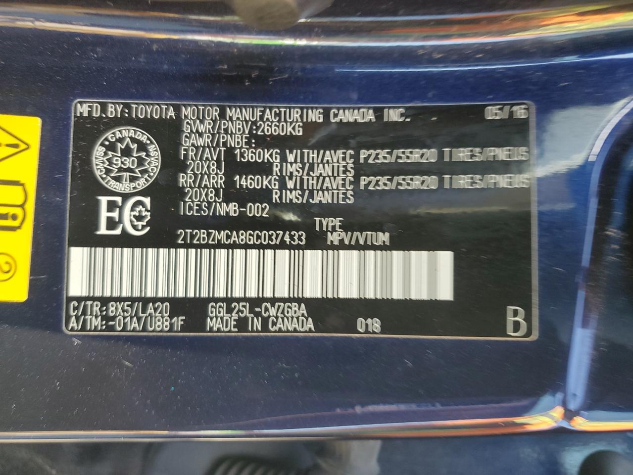 2016 Lexus Rx 350 Base VIN: 2T2BZMCA8GC037433 Lot: 69750215