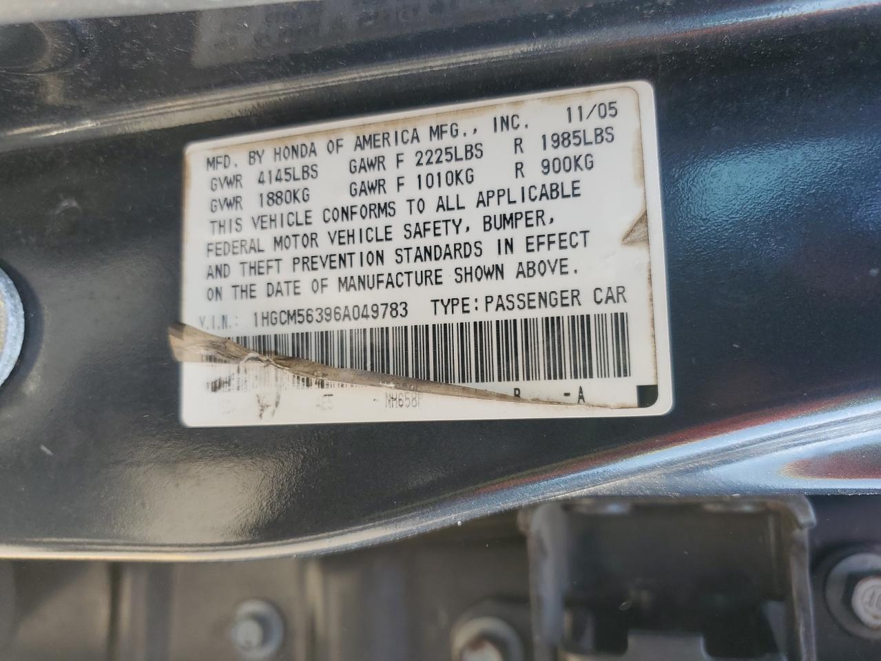 2006 Honda Accord Se VIN: 1HGCM56396A049783 Lot: 68022045