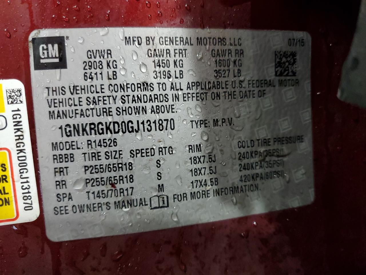 2016 Chevrolet Traverse Lt VIN: 1GNKRGKD0GJ131870 Lot: 69157535