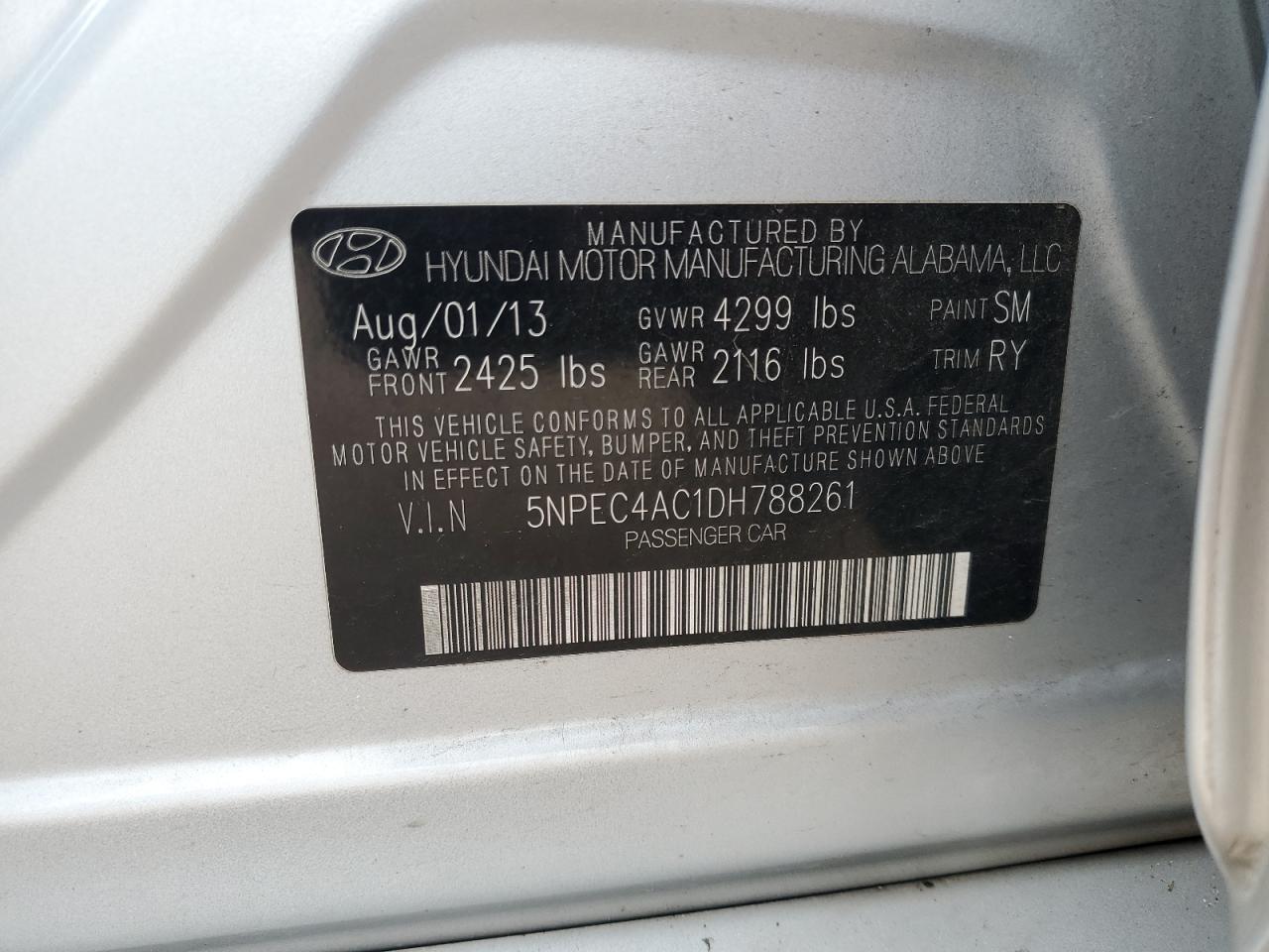 2013 Hyundai Sonata Se VIN: 5NPEC4AC1DH788261 Lot: 70714215