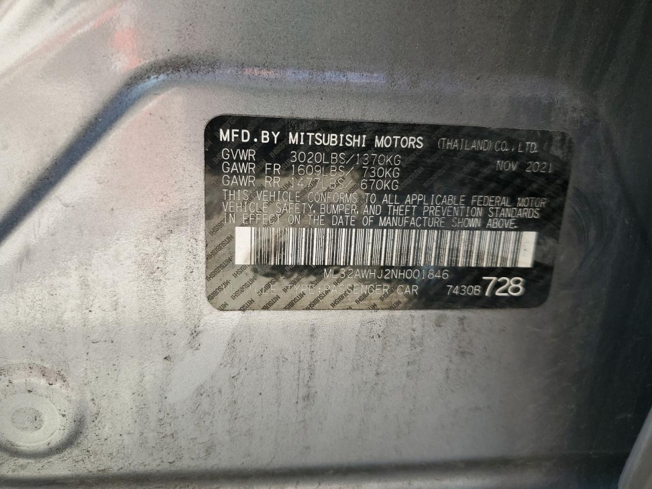 2022 Mitsubishi Mirage Se VIN: ML32AWHJ2NH001846 Lot: 70766165