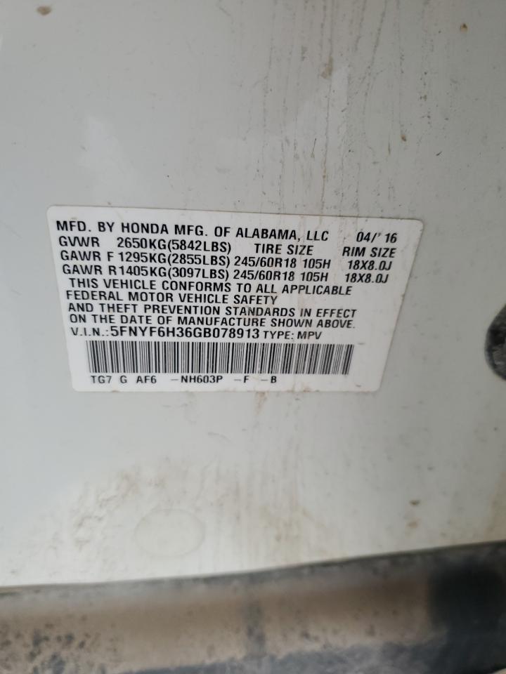 2016 Honda Pilot Ex VIN: 5FNYF6H36GB078913 Lot: 67571975