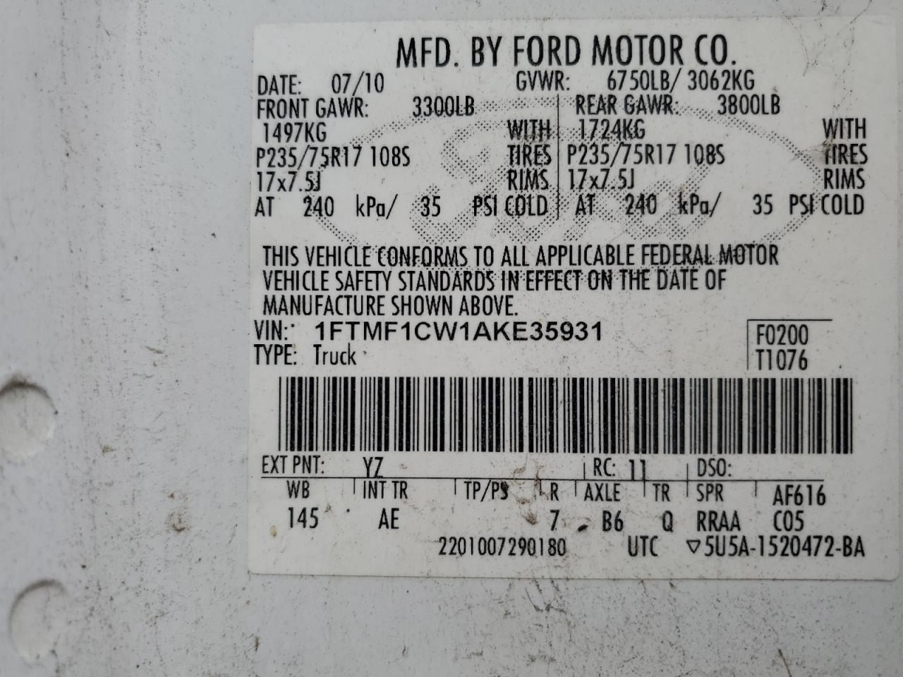 2010 Ford F150 VIN: 1FTMF1CW1AKE35931 Lot: 69565595