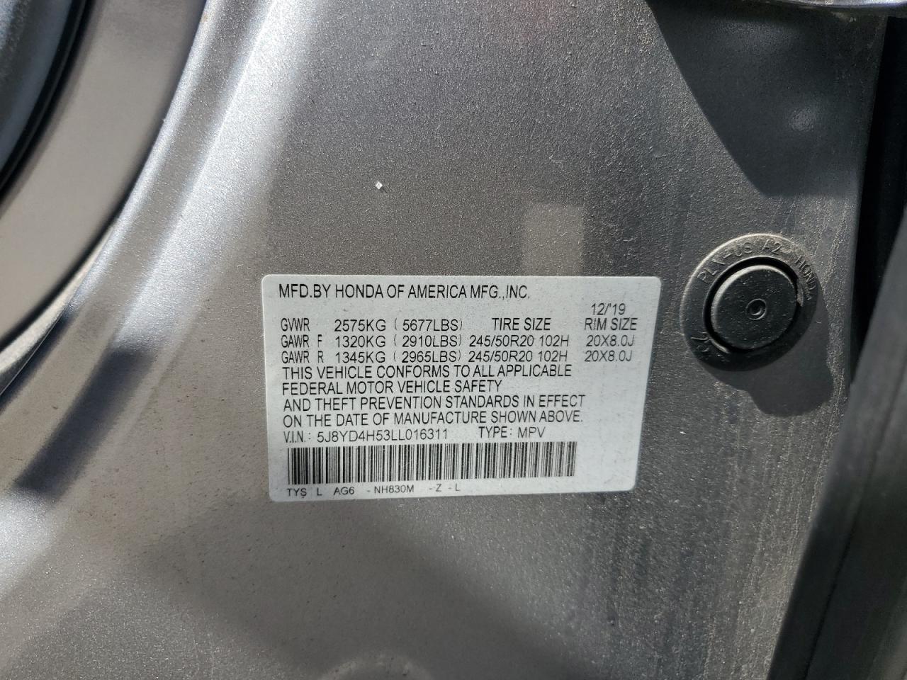 2020 Acura Mdx Technology VIN: 5J8YD4H53LL016311 Lot: 70618965