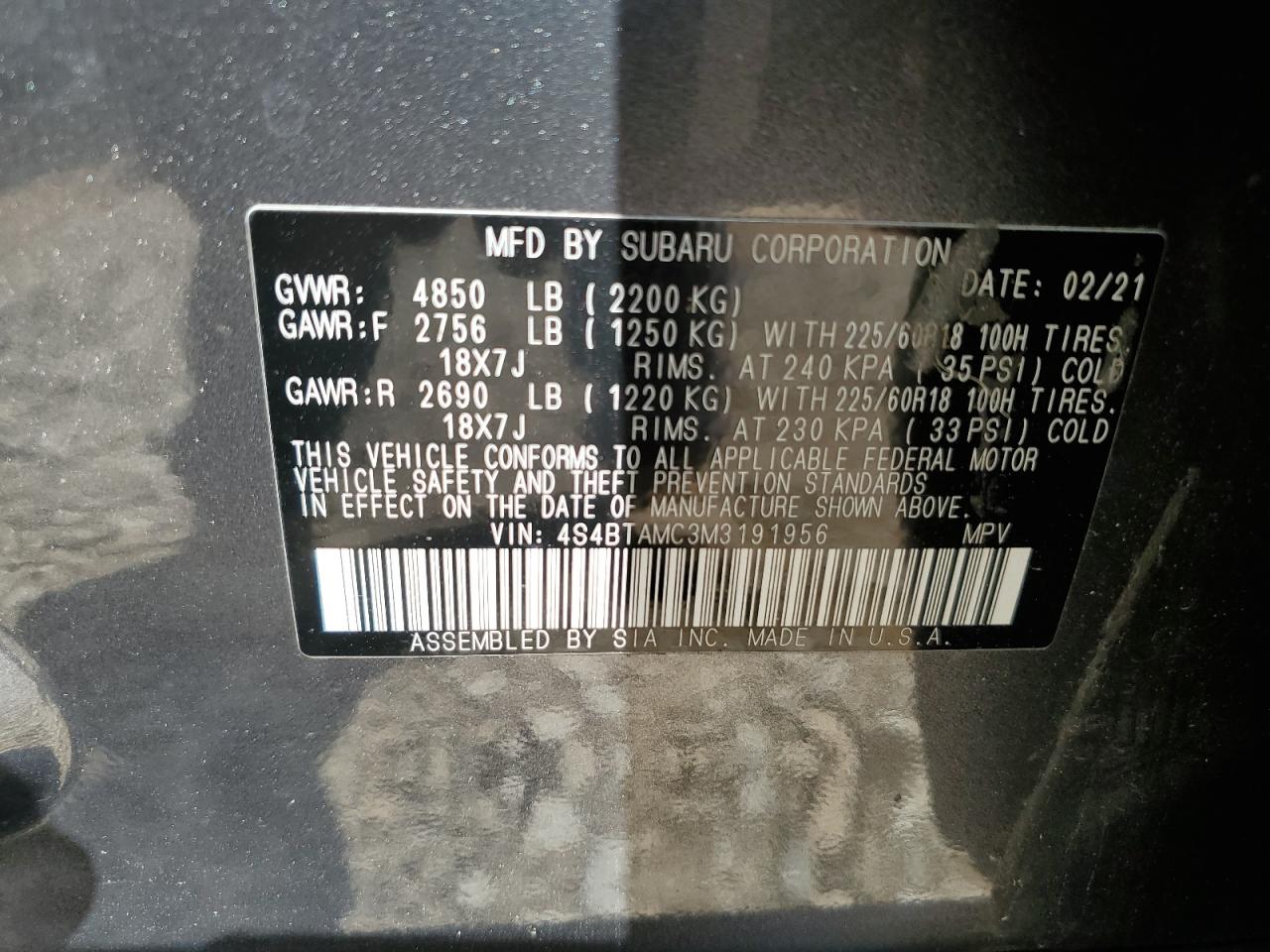 2021 Subaru Outback Limited VIN: 4S4BTAMC3M3191956 Lot: 69249145