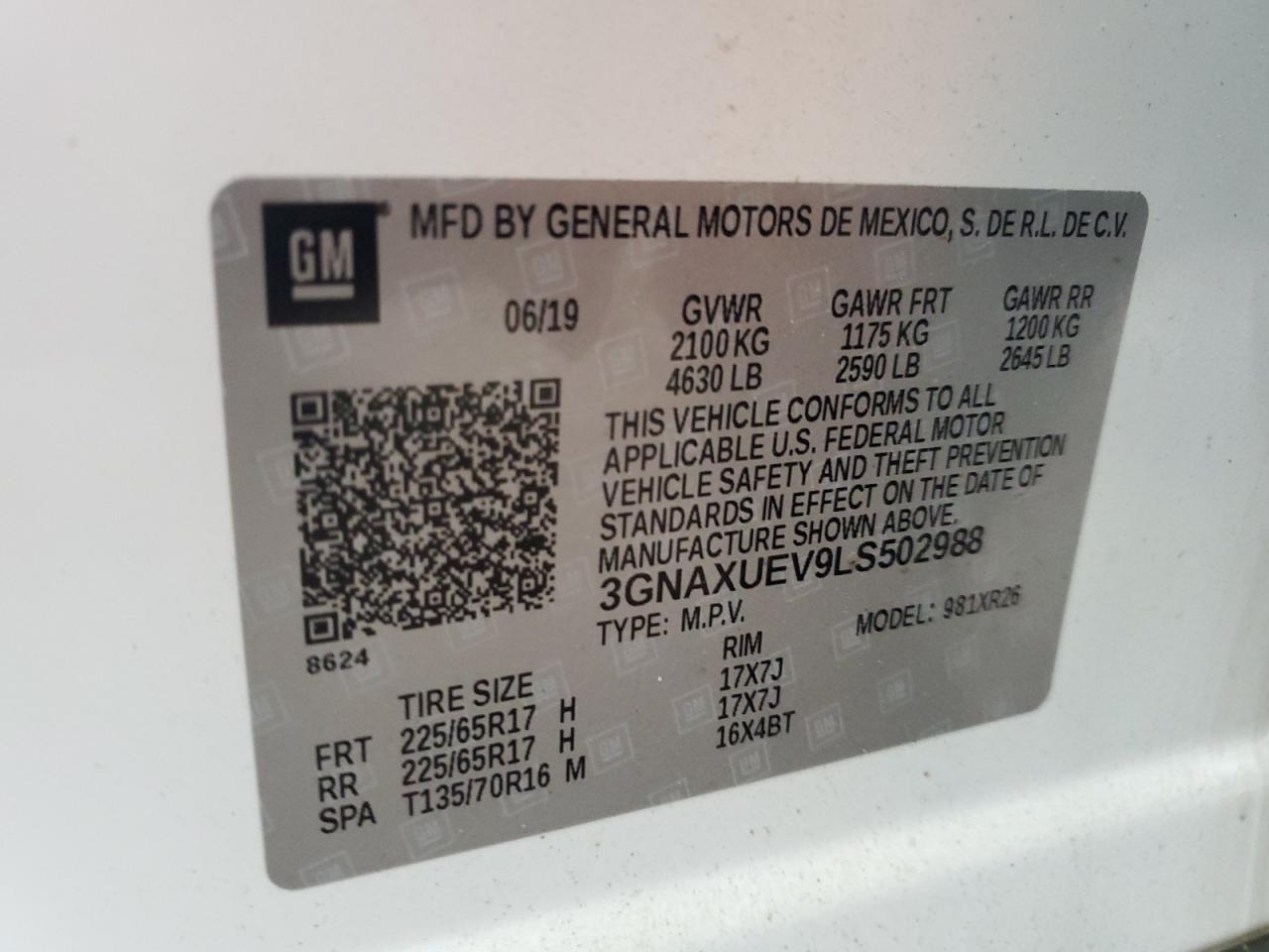 2020 Chevrolet Equinox Lt VIN: 3GNAXUEV9LS502988 Lot: 69780545