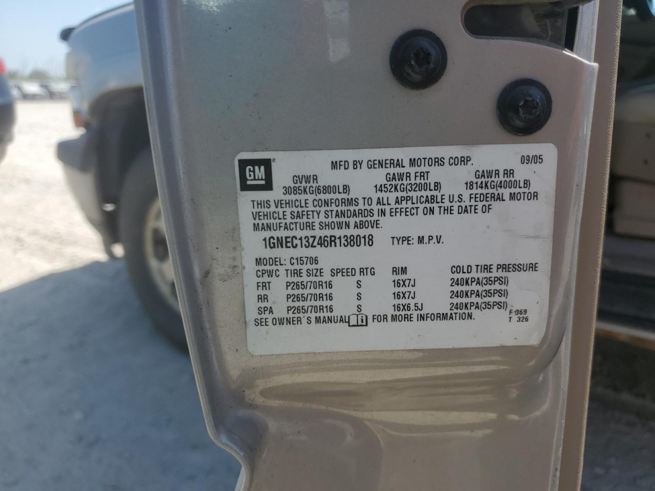 2006 Chevrolet Tahoe C1500 VIN: 1GNEC13Z46R138018 Lot: 67971985