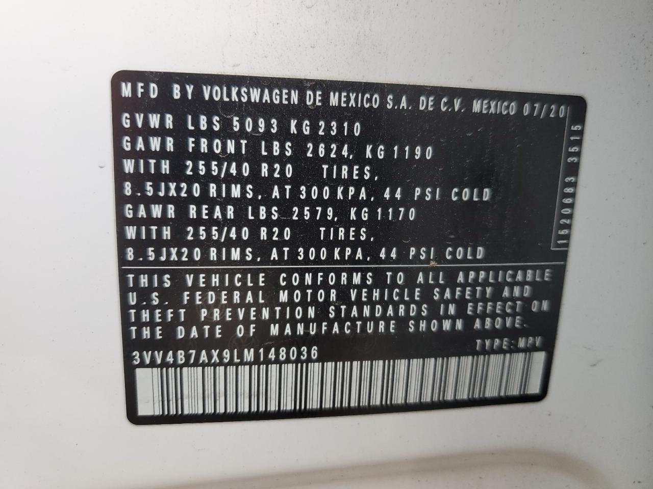 2020 Volkswagen Tiguan Sel Premium R-Line VIN: 3VV4B7AX9LM148036 Lot: 70623795