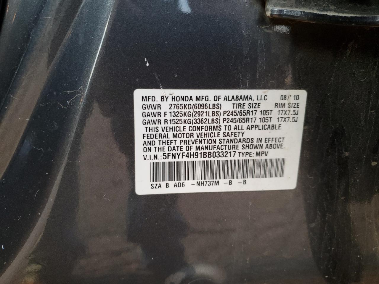 2011 Honda Pilot Touring VIN: 5FNYF4H91BB033217 Lot: 70007165