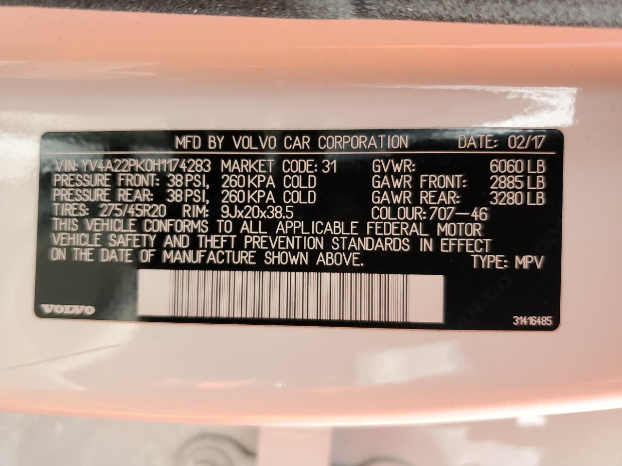 2017 Volvo Xc90 T6 VIN: YV4A22PK0H1174283 Lot: 69629745