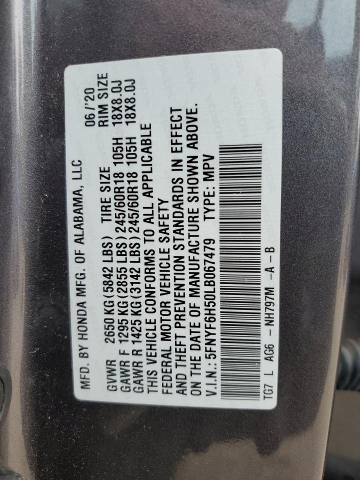 2020 Honda Pilot Exl VIN: 5FNYF6H50LB067479 Lot: 67301325