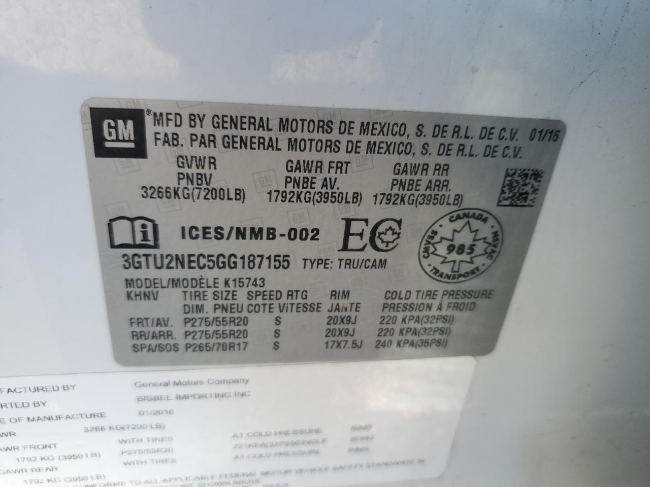 2016 GMC Sierra K1500 Slt VIN: 3GTU2NEC5GG187155 Lot: 70066275