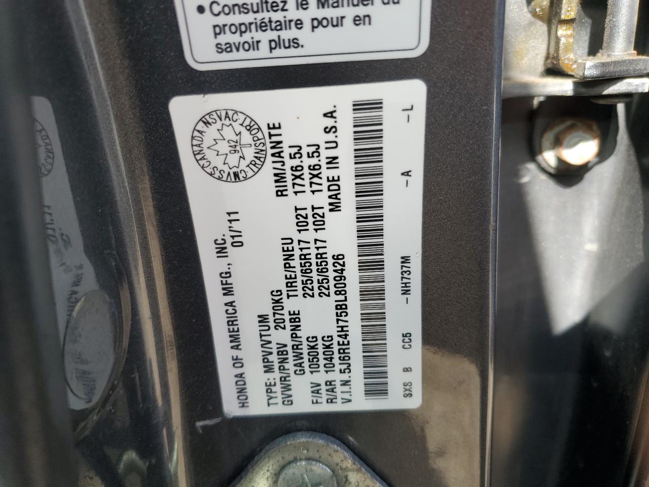 2011 Honda Cr-V Exl VIN: 5J6RE4H75BL809426 Lot: 89470165