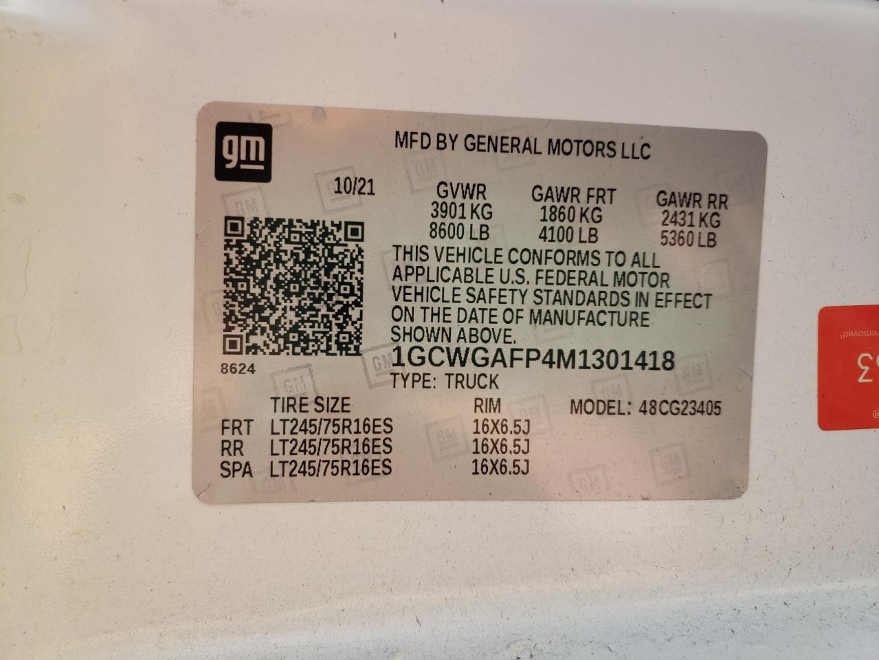 2021 Chevrolet Express G2500 VIN: 1GCWGAFP4M1301418 Lot: 68922455