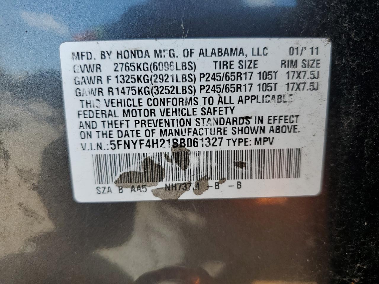 2011 Honda Pilot Lx VIN: 5FNYF4H21BB061327 Lot: 70053665
