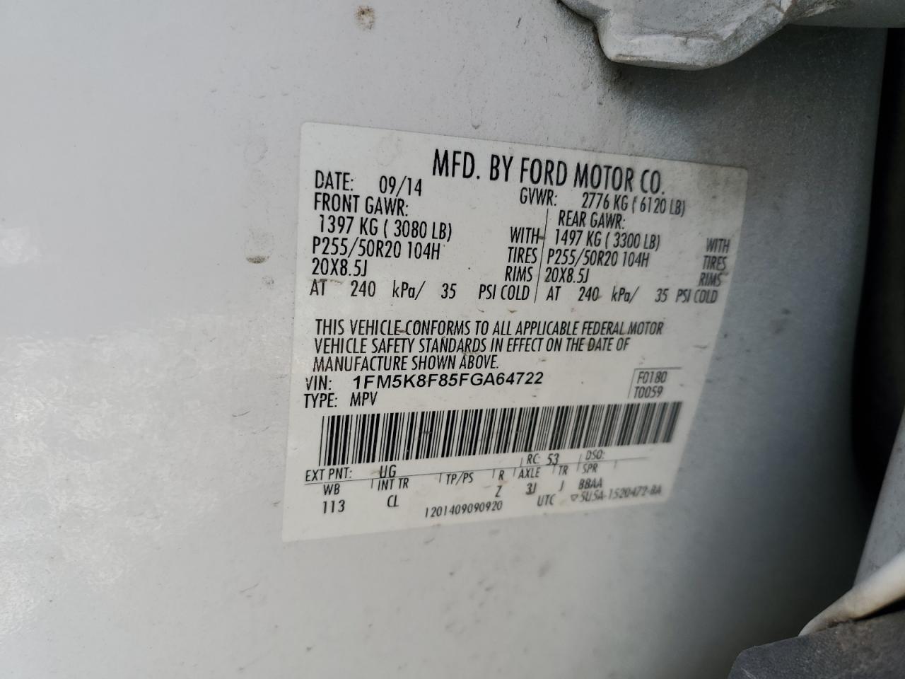 2015 Ford Explorer Limited VIN: 1FM5K8F85FGA64722 Lot: 69753865