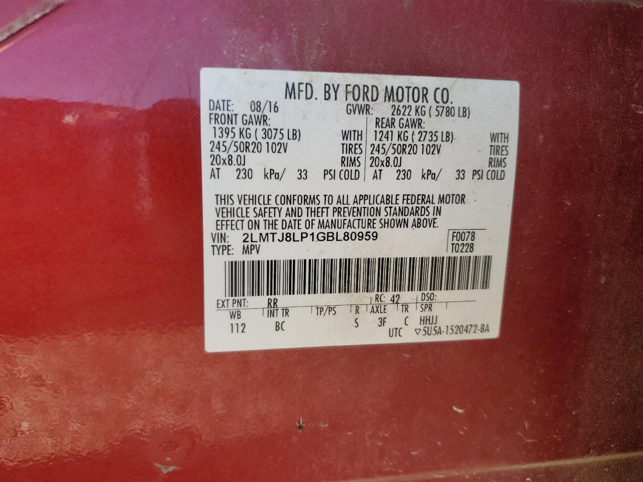 2016 Lincoln Mkx Reserve VIN: 2LMTJ8LP1GBL80959 Lot: 70644345